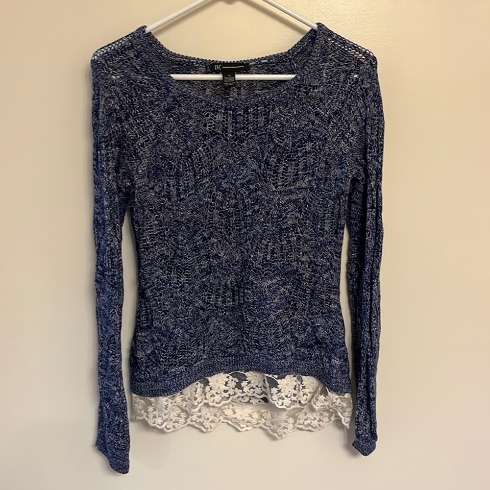 Blue open weave lace trim sweater, S